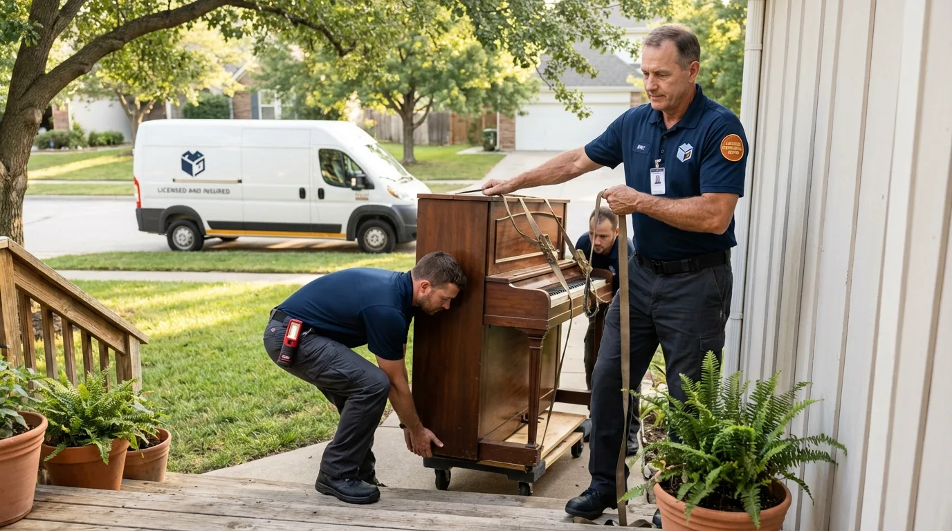 Licensed piano movers securing grand piano in Princeton, NJ
