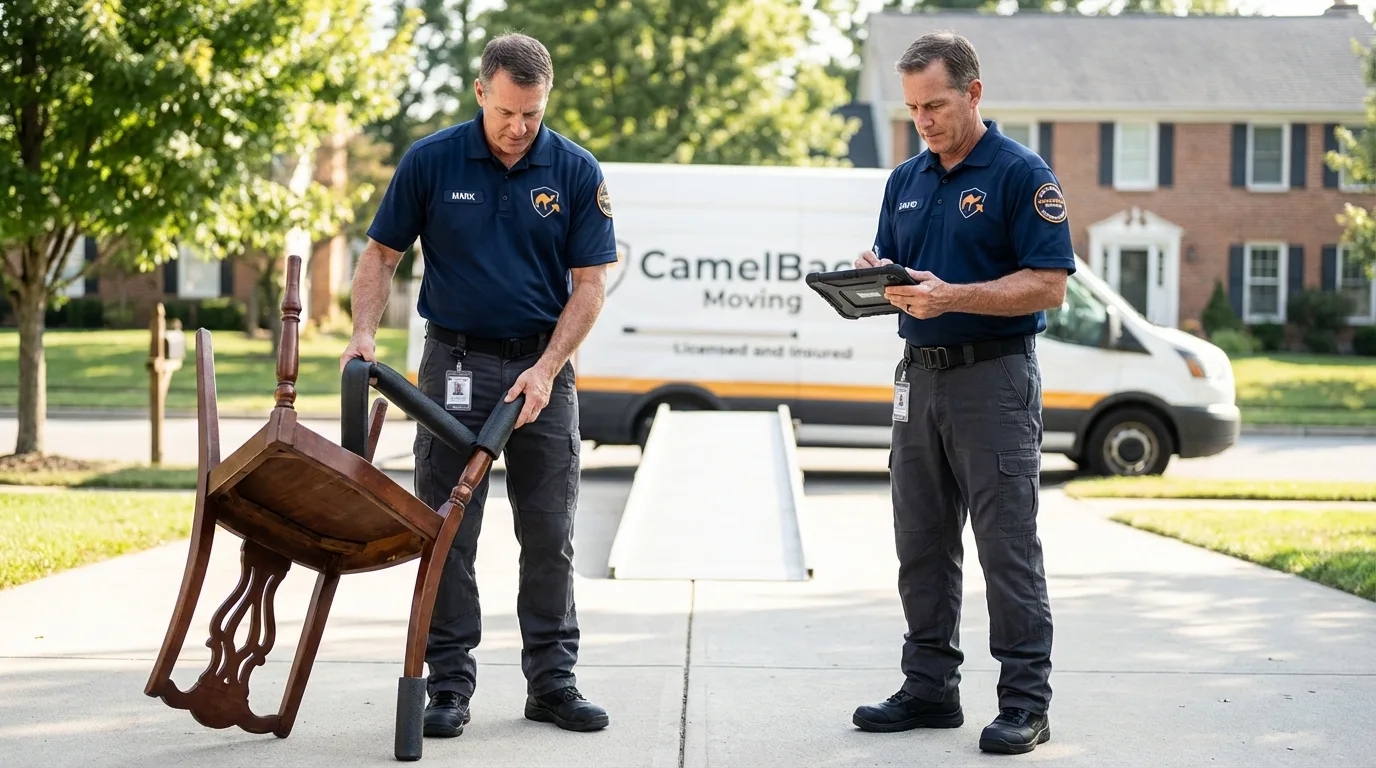 Movers inspecting furniture for damage prevention before loading in Princeton, NJ